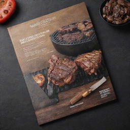 Back cover of a professional grilling cookbook, featuring BBQ tools and smoky, grilled recipes.