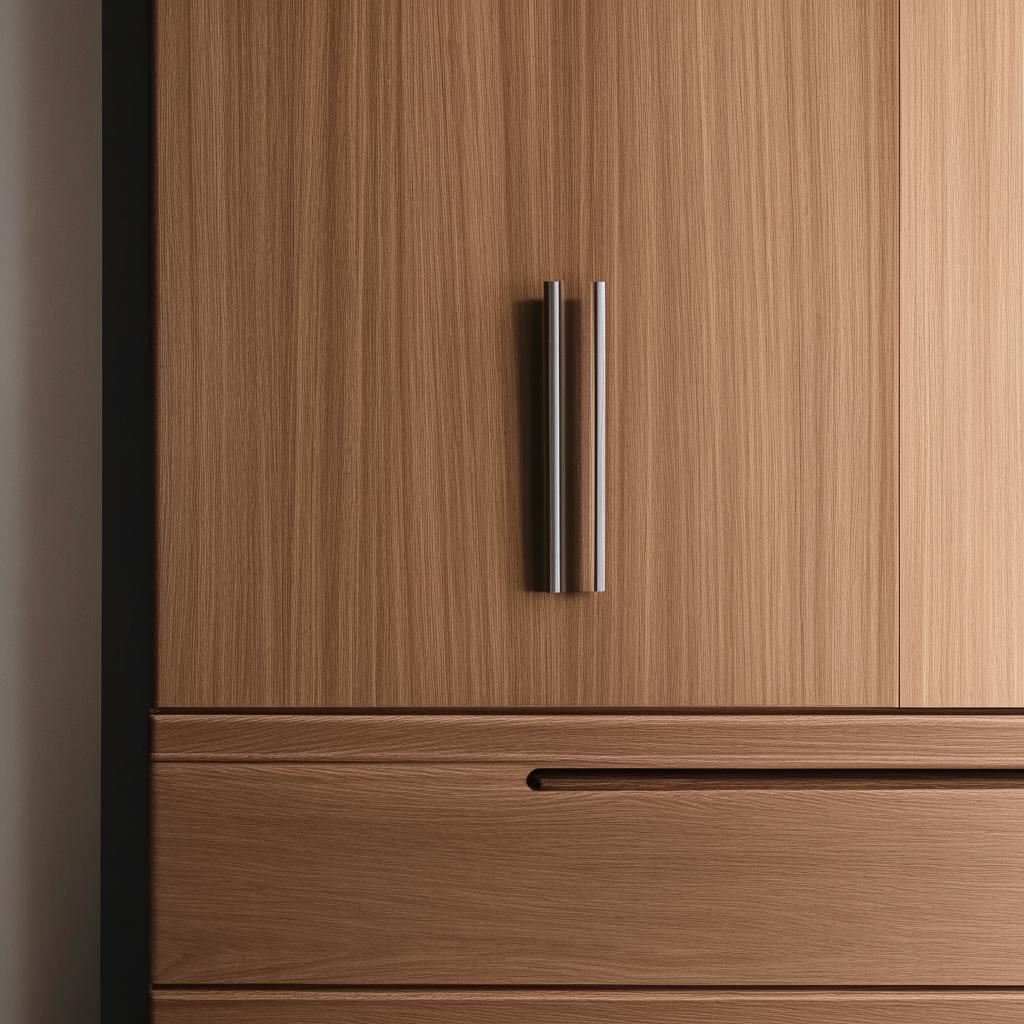 Modern minimalist cupboard design with elegant wood finish and sleek handles, front view.