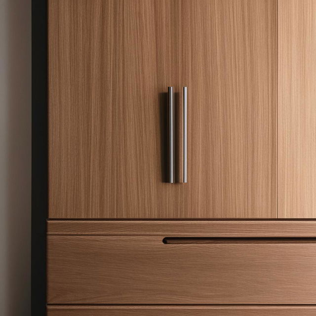 Modern minimalist cupboard design with elegant wood finish and sleek handles, front view.