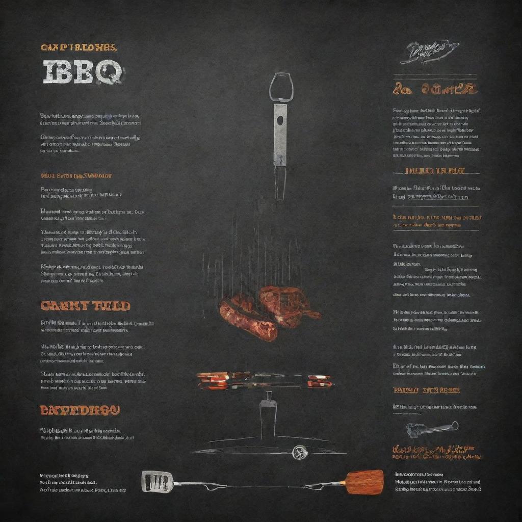 Editable back cover of a professional grilling cookbook, incorporating elements like BBQ tools and smoky, grilled recipes.