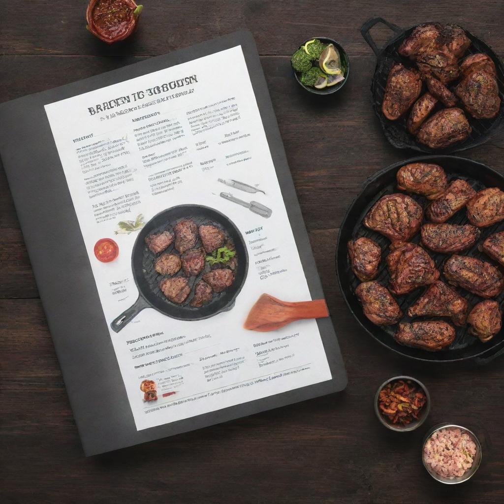 Editable back cover of a professional grilling cookbook, incorporating elements like BBQ tools and smoky, grilled recipes.