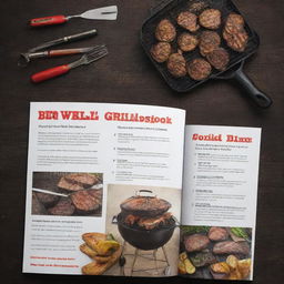 Editable back cover of a professional grilling cookbook, incorporating elements like BBQ tools and smoky, grilled recipes.