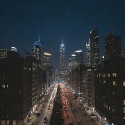 A cityscape at night with a starry sky but no moon visible. Skyscrapers with dazzling lights and cars with gleaming headlights illuminate the scene.