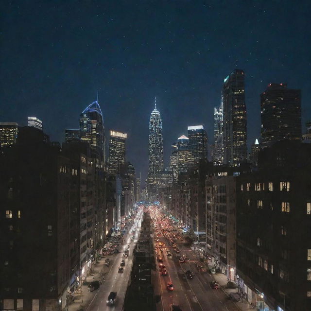 A cityscape at night with a starry sky but no moon visible. Skyscrapers with dazzling lights and cars with gleaming headlights illuminate the scene.