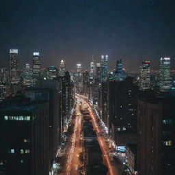 A cityscape at night with a starry sky but no moon visible. Skyscrapers with dazzling lights and cars with gleaming headlights illuminate the scene.