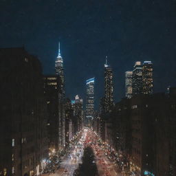 A cityscape at night with a starry sky but no moon visible. Skyscrapers with dazzling lights and cars with gleaming headlights illuminate the scene.