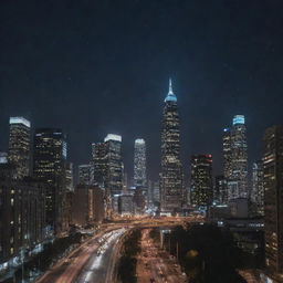 A cityscape at night with a starry sky but no moon visible. Skyscrapers with dazzling lights and cars with gleaming headlights illuminate the scene.