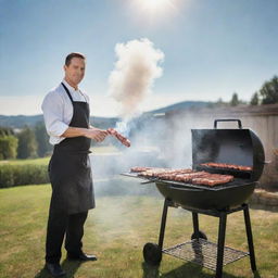 A depiction of a professional outdoor BBQ grill set up, with smoke rising toward a sunny sky and a chef skillfully grilling a variety of meats.