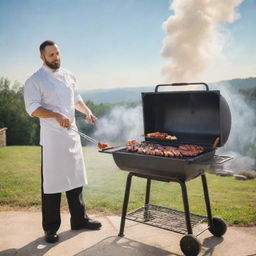 A depiction of a professional outdoor BBQ grill set up, with smoke rising toward a sunny sky and a chef skillfully grilling a variety of meats.