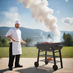 A depiction of a professional outdoor BBQ grill set up, with smoke rising toward a sunny sky and a chef skillfully grilling a variety of meats.