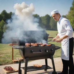 A depiction of a professional outdoor BBQ grill set up, with smoke rising toward a sunny sky and a chef skillfully grilling a variety of meats.