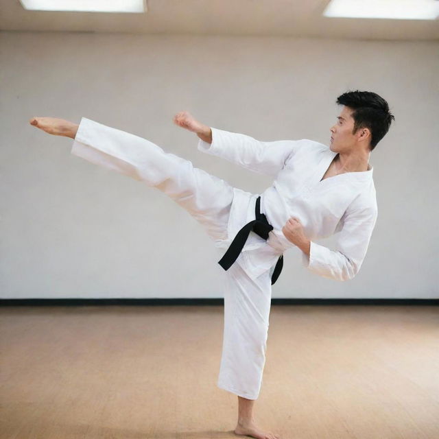 Athletic taekwondo practitioner in a white uniform performing a high kick in a dojo