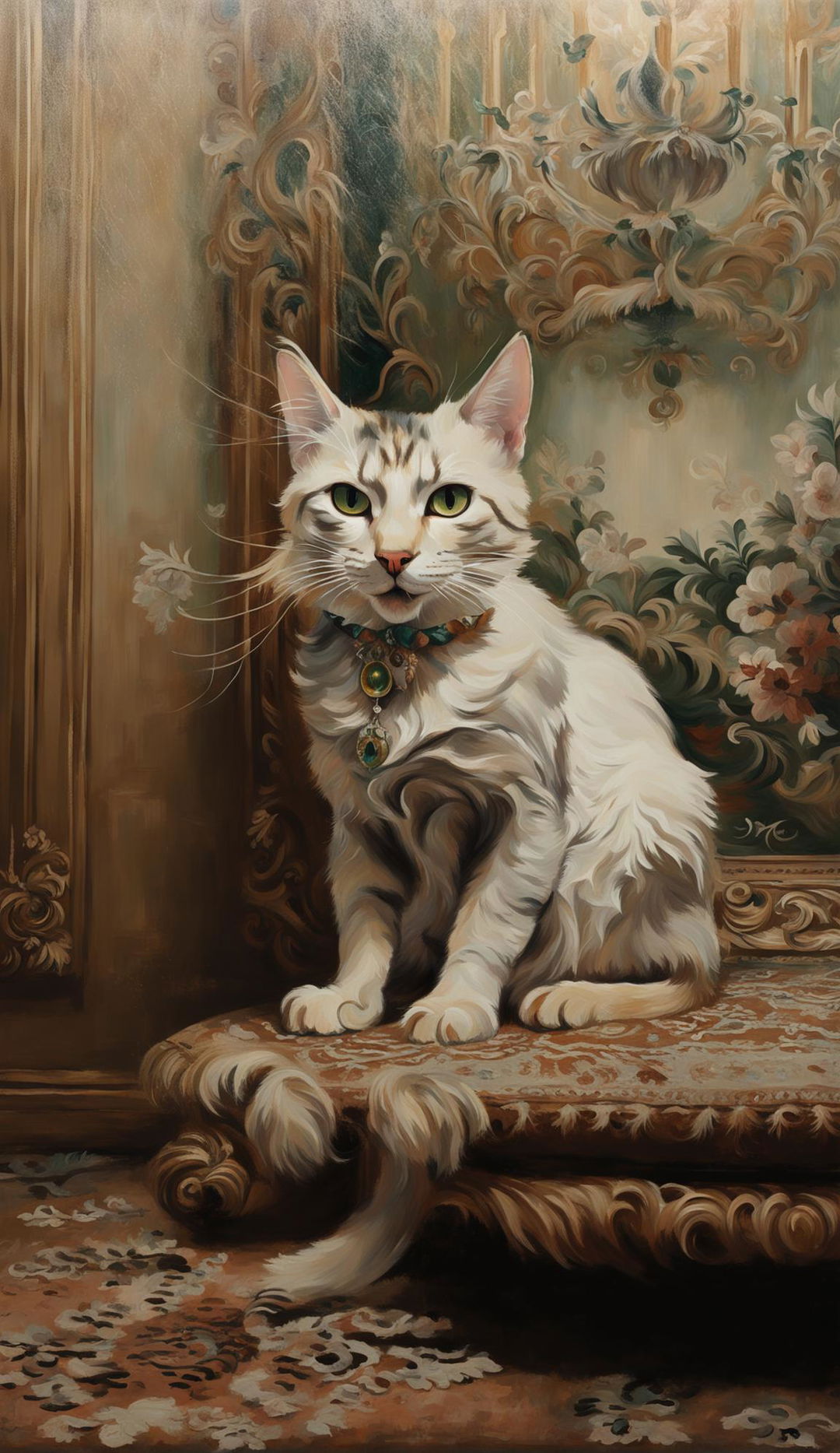 A mischievous light-colored cat in a lavish Rococo interior, painted in soft pastel colors.