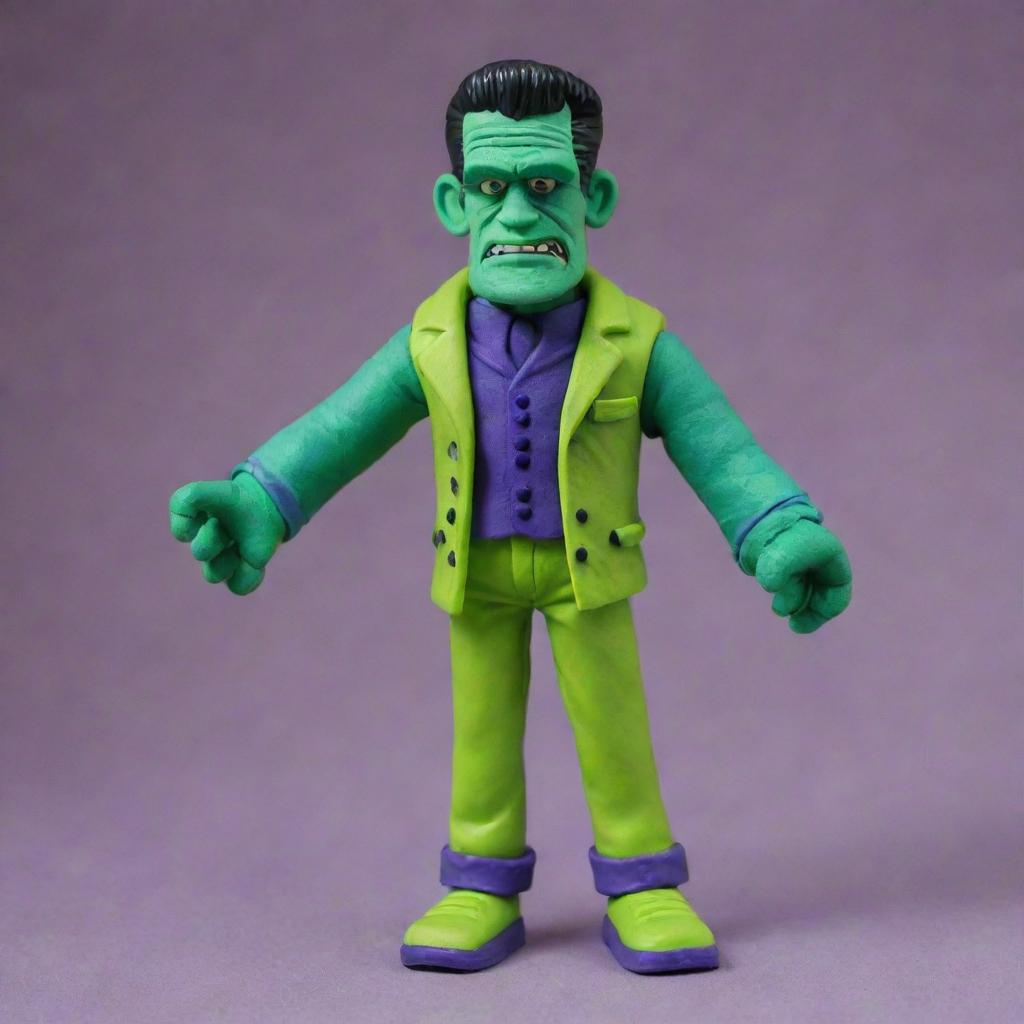 A vibrantly colored Frankenstein figure, carefully crafted from playdough, with intricate details on his face and clothing.