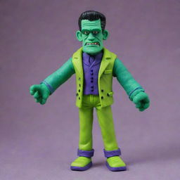 A vibrantly colored Frankenstein figure, carefully crafted from playdough, with intricate details on his face and clothing.