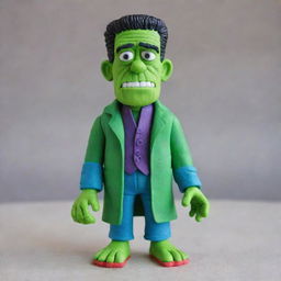 A vibrantly colored Frankenstein figure, carefully crafted from playdough, with intricate details on his face and clothing.