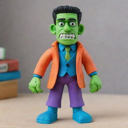 A vibrantly colored Frankenstein figure, carefully crafted from playdough, with intricate details on his face and clothing.