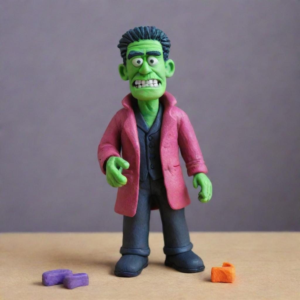 A vibrantly colored Frankenstein figure, carefully crafted from playdough, with intricate details on his face and clothing.