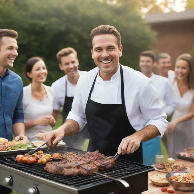 A fun and lively BBQ grill scene, showcasing a pro chef with a big smile as he grills an array of delicious food, surrounded by friends and laughter.