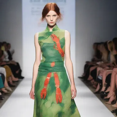 The chef creatively used tomalley as a natural dye to create a unique green print on a lobster-inspired dress for a fashion show.