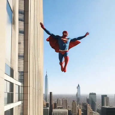 As the superhero leapt off the building, he found an ideal footing on the ledge of the adjacent skyscraper.