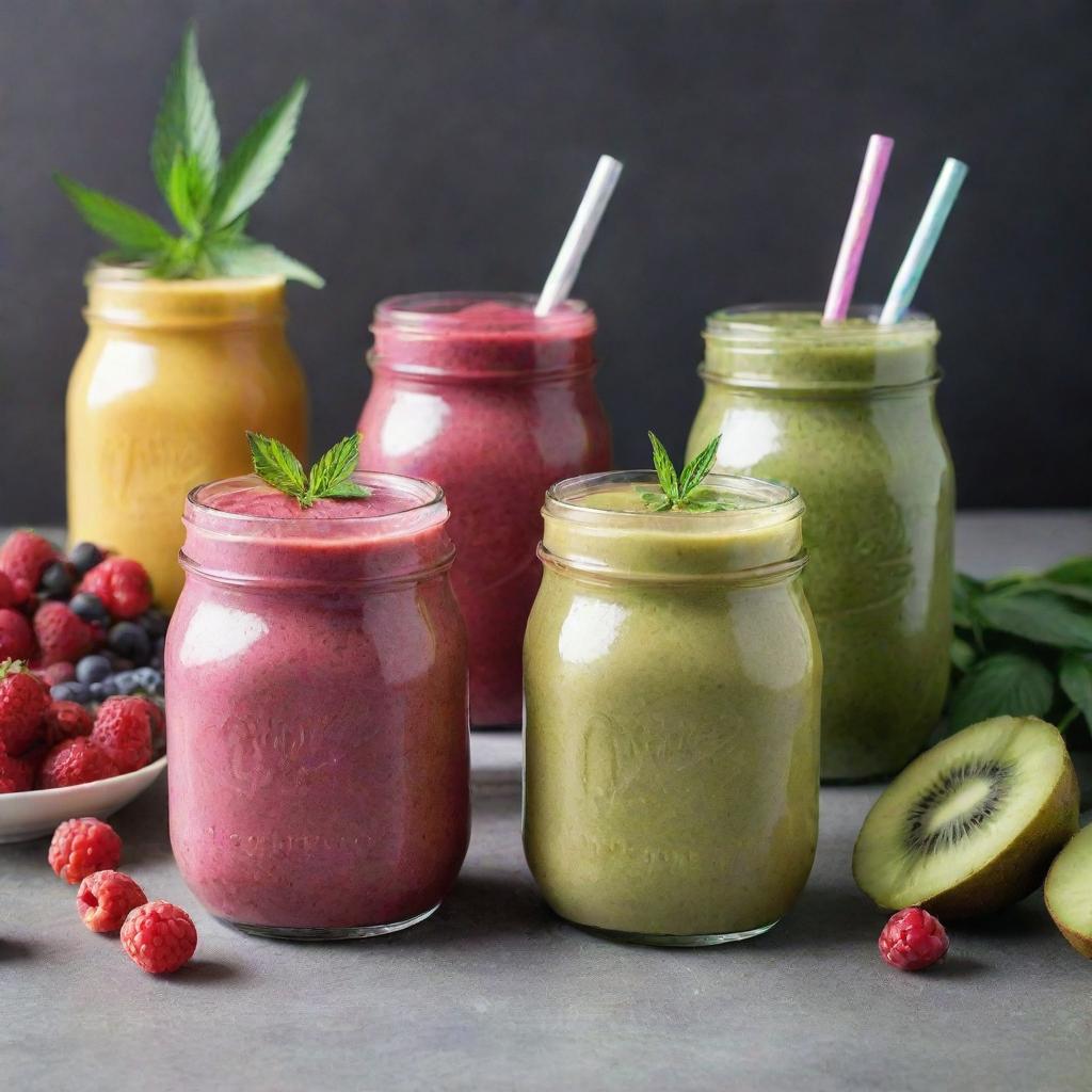 A cookbook cover dedicated to cannabis-infused smoothies, featuring vibrant smoothies in glass jars, garnished with fresh fruit and a subtle cannabis leaf detail.