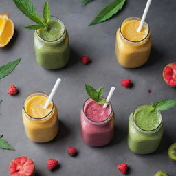 A cookbook cover dedicated to cannabis-infused smoothies, featuring vibrant smoothies in glass jars, garnished with fresh fruit and a subtle cannabis leaf detail.