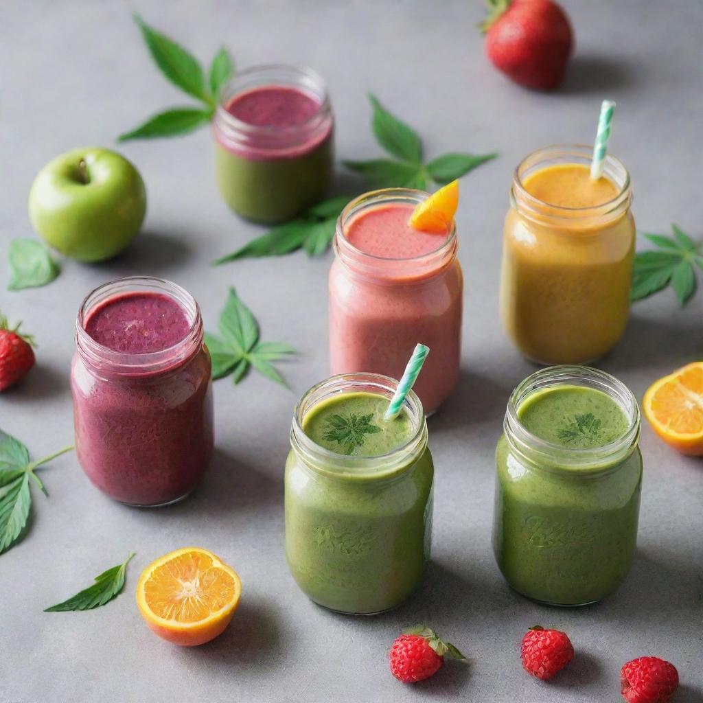 A cookbook cover dedicated to cannabis-infused smoothies, featuring vibrant smoothies in glass jars, garnished with fresh fruit and a subtle cannabis leaf detail.