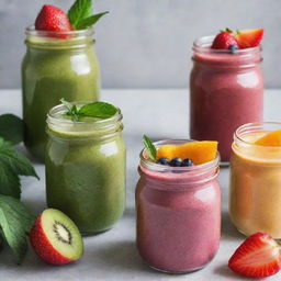 A cookbook cover dedicated to cannabis-infused smoothies, featuring vibrant smoothies in glass jars, garnished with fresh fruit and a subtle cannabis leaf detail.