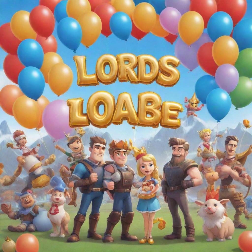 A festive scene celebrating the 8th anniversary of Lords Mobile, showcasing elements like game characters, birthday cake, balloons, and golden '8th Anniversary' text.