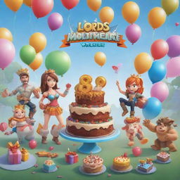 A festive scene celebrating the 8th anniversary of Lords Mobile, showcasing elements like game characters, birthday cake, balloons, and golden '8th Anniversary' text.