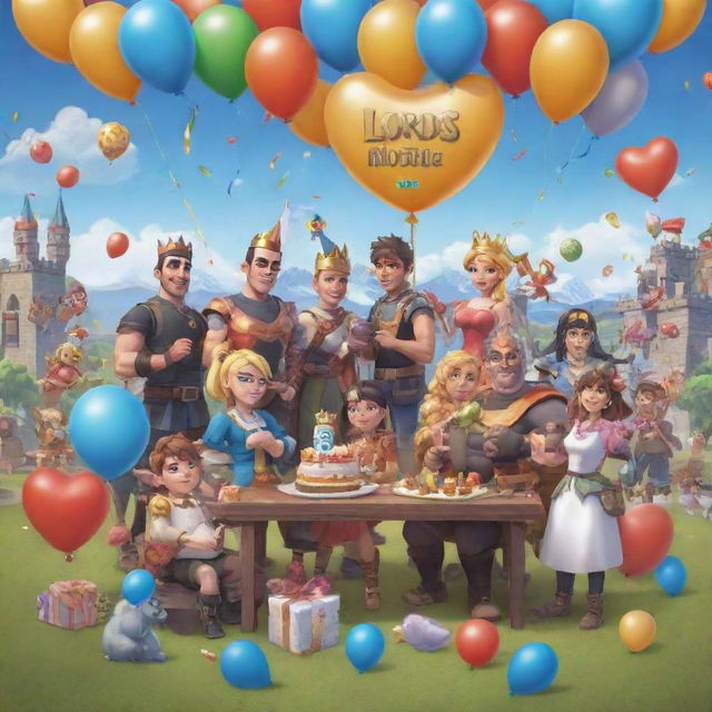 A festive scene celebrating the 8th anniversary of Lords Mobile, showcasing elements like game characters, birthday cake, balloons, and golden '8th Anniversary' text.