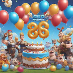 A festive scene celebrating the 8th anniversary of Lords Mobile, showcasing elements like game characters, birthday cake, balloons, and golden '8th Anniversary' text.