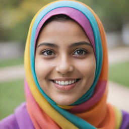 A serene portrait of a girl in a colorful hijab, smiling subtly with a glint of wisdom in her eyes, set against a soft, blurred background.