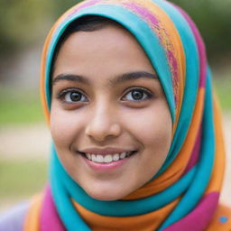 A serene portrait of a girl in a colorful hijab, smiling subtly with a glint of wisdom in her eyes, set against a soft, blurred background.