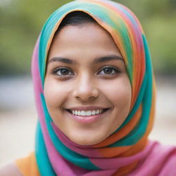 A serene portrait of a girl in a colorful hijab, smiling subtly with a glint of wisdom in her eyes, set against a soft, blurred background.