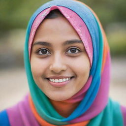 A serene portrait of a girl in a colorful hijab, smiling subtly with a glint of wisdom in her eyes, set against a soft, blurred background.