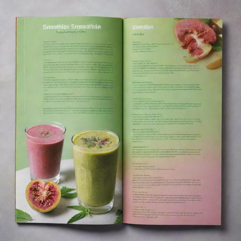 Back cover of a cannabis-infused smoothies cookbook, displaying colourful smoothie photos, enticing recipe descriptions, a subtle cannabis leaf design, and author details.