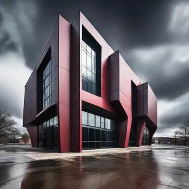 The sanguinary design of the building with its sharp lines and ominous color scheme created an atmosphere of fear and intimidation.