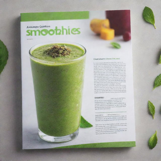 Back cover of a cannabis-infused smoothies cookbook, displaying colourful smoothie photos, enticing recipe descriptions, a subtle cannabis leaf design, and author details.