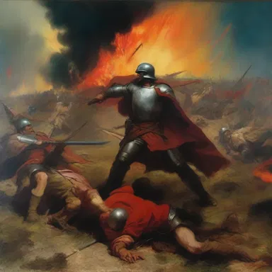 The artist used vibrant colors to depict the sanguinary scene of a battlefield in his painting.