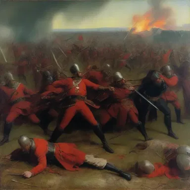 The artist used vibrant colors to depict the sanguinary scene of a battlefield in his painting.