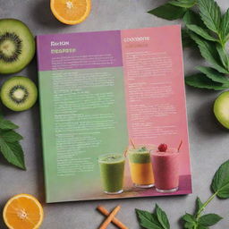 Back cover of a cannabis-infused smoothies cookbook, displaying colourful smoothie photos, enticing recipe descriptions, a subtle cannabis leaf design, and author details.