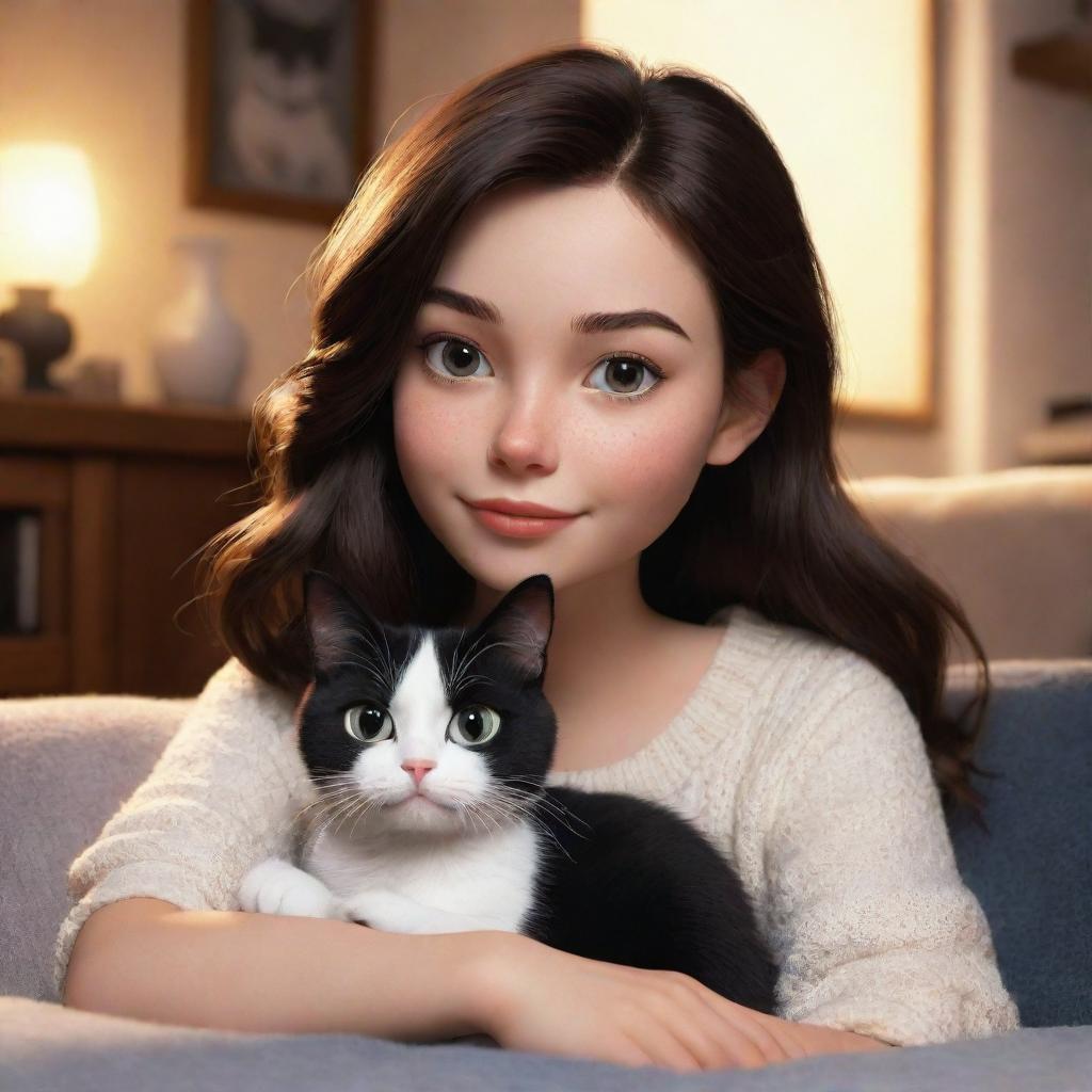 A Disney Pixar style image of a brunette girl with her black and white cat in a cozy atmosphere.