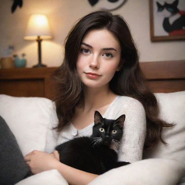 A Disney Pixar style image of a brunette girl with her black and white cat in a cozy atmosphere.