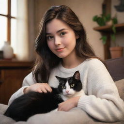 A Disney Pixar style image of a brunette girl with her black and white cat in a cozy atmosphere.