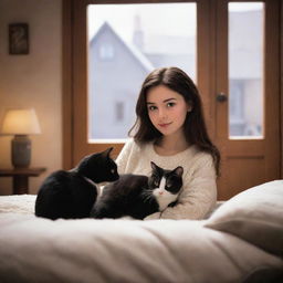 A Disney Pixar style image of a brunette girl with her black and white cat in a cozy atmosphere.