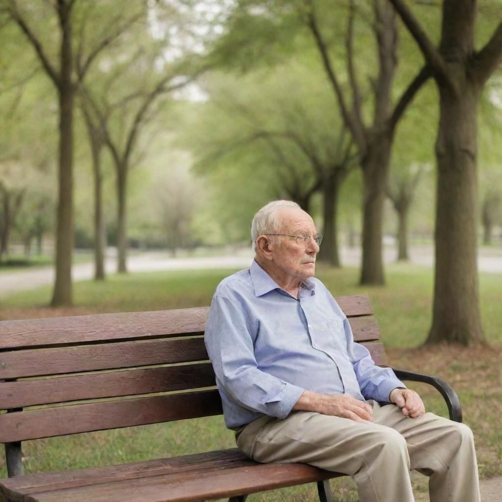 An elderly man, in his casual attire, sitting peacefully on a wooden park bench, lost in his thoughts, surrounded by the tranquility of the park.