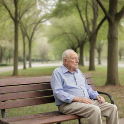 An elderly man, in his casual attire, sitting peacefully on a wooden park bench, lost in his thoughts, surrounded by the tranquility of the park.