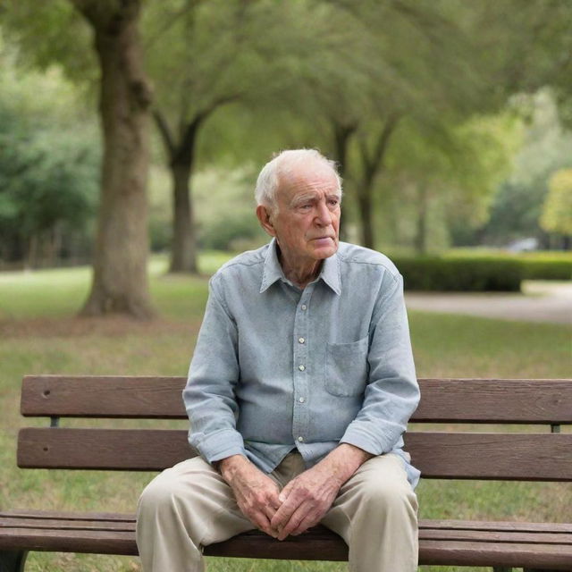 An elderly man, in his casual attire, sitting peacefully on a wooden park bench, lost in his thoughts, surrounded by the tranquility of the park.